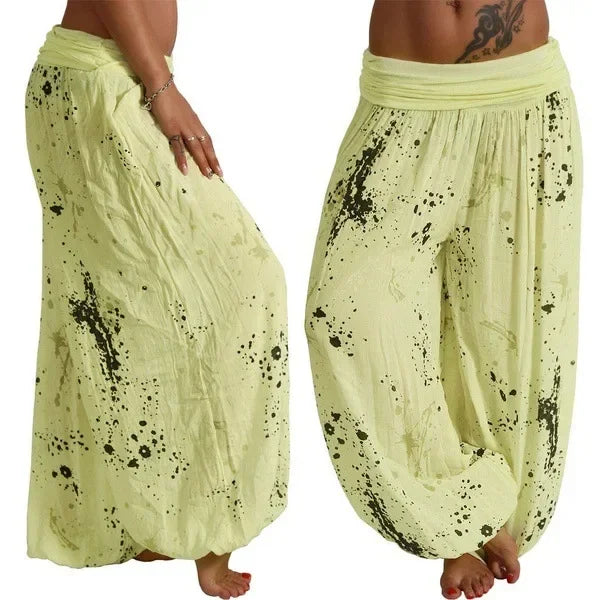 Autumn Women Harem Pants Elastic Waist Pleated Casual Vintage Printing Summer Wide Leg Trousers Streetwear Loose Pant Capris