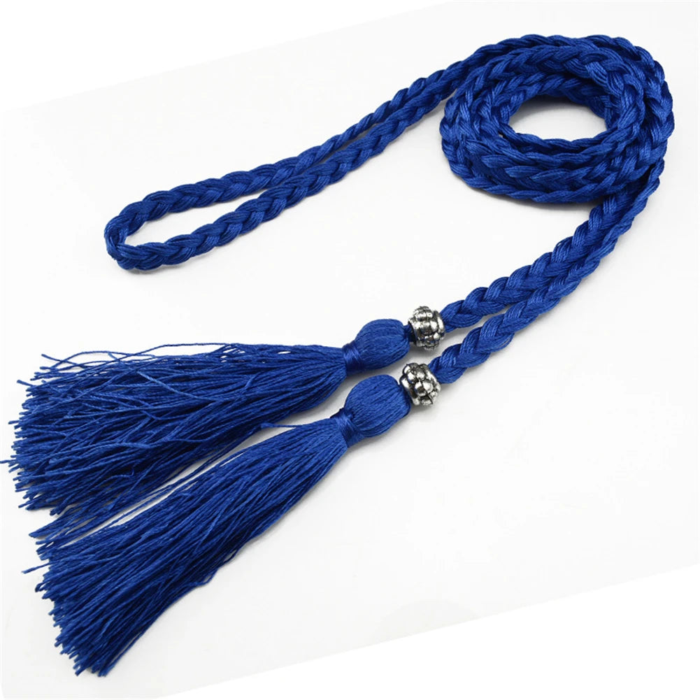 Women Waist Belt Rope Chinese Style Braided Woven Tassel Thin Belt Female Knot Decorated Waistband Hot Casual Solid Black Belts
