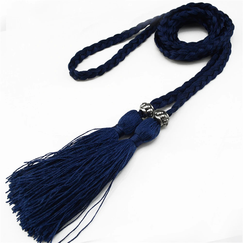 Women Waist Belt Rope Chinese Style Braided Woven Tassel Thin Belt Female Knot Decorated Waistband Hot Casual Solid Black Belts
