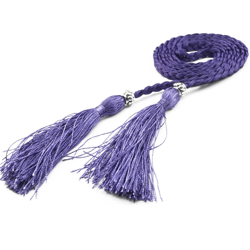 Women Waist Belt Rope Chinese Style Braided Woven Tassel Thin Belt Female Knot Decorated Waistband Hot Casual Solid Black Belts