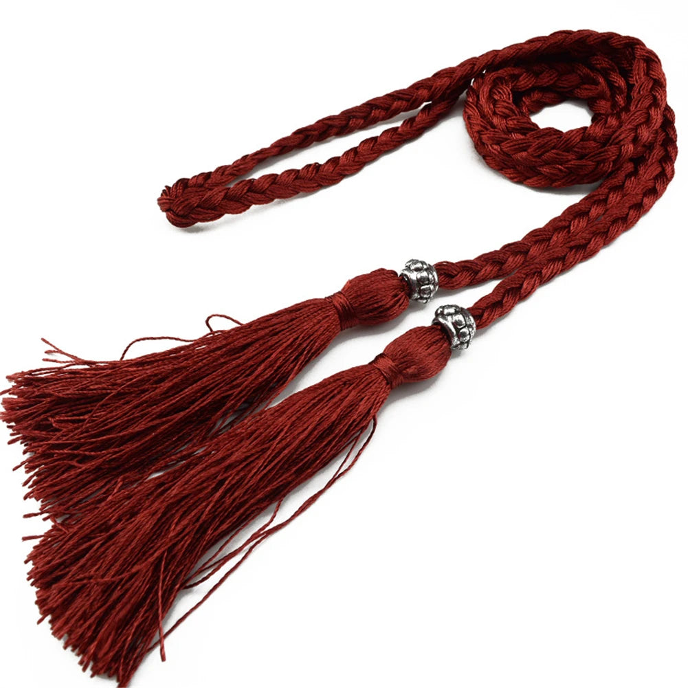 Women Waist Belt Rope Chinese Style Braided Woven Tassel Thin Belt Female Knot Decorated Waistband Hot Casual Solid Black Belts