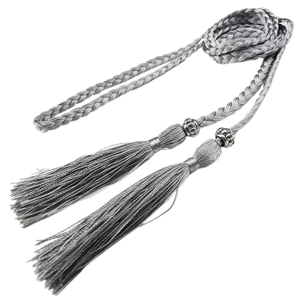 Women Waist Belt Rope Chinese Style Braided Woven Tassel Thin Belt Female Knot Decorated Waistband Hot Casual Solid Black Belts