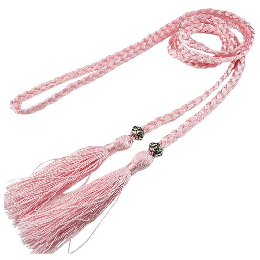 Women Waist Belt Rope Chinese Style Braided Woven Tassel Thin Belt Female Knot Decorated Waistband Hot Casual Solid Black Belts