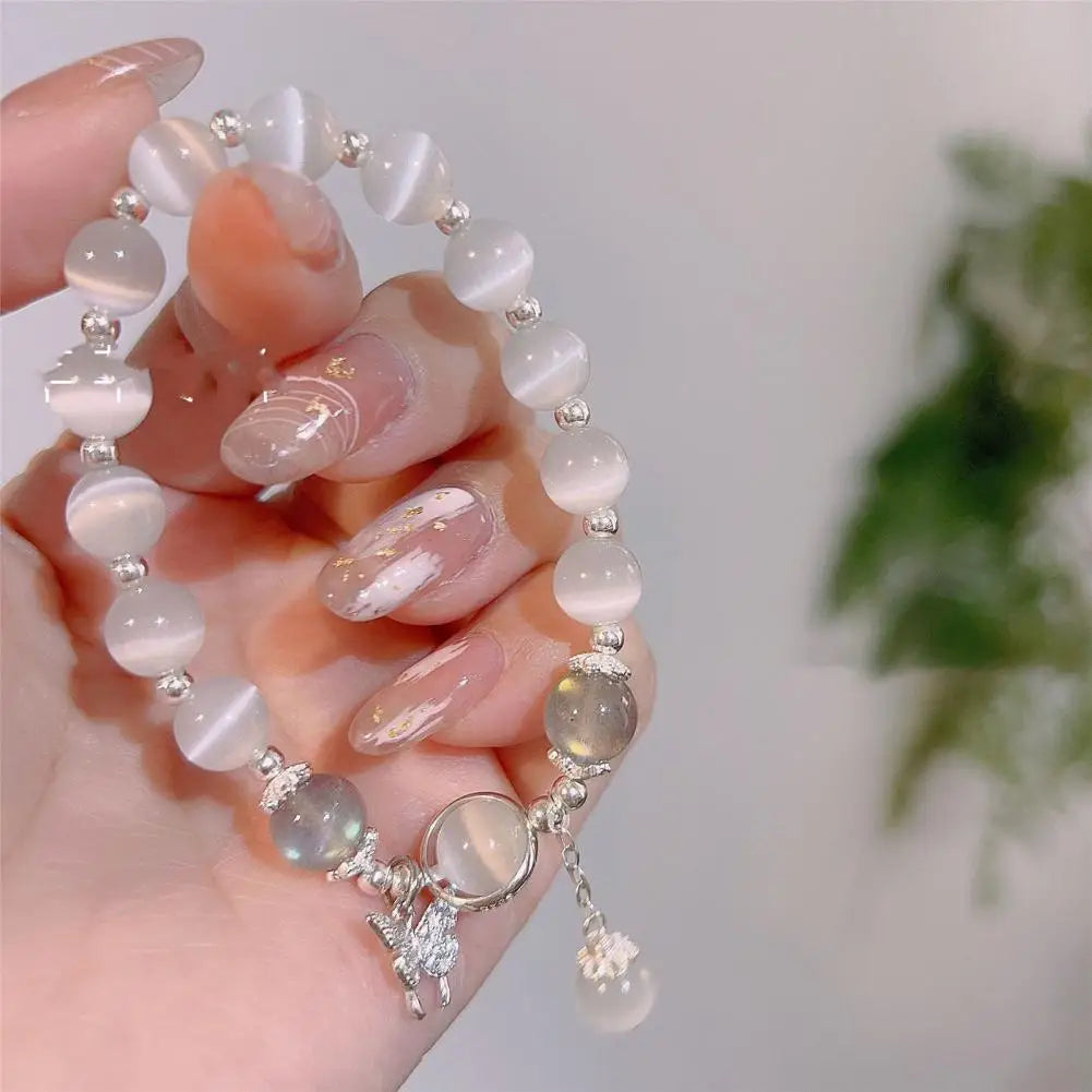 Women Bracelet Imitation Opal Butterfly Pendant Smooth Elastic Band Lady Birthday Gift Exquisite Wrist Bracelet Jewelry