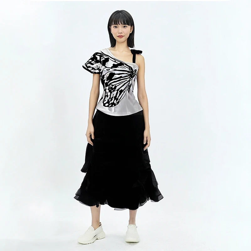 2024 Summer Sexy One Shoulder Design Y2k Vintage T-Shirts Women Streetwear 2000s Casual Print Tees Korean Fashion Punk Crop Tops