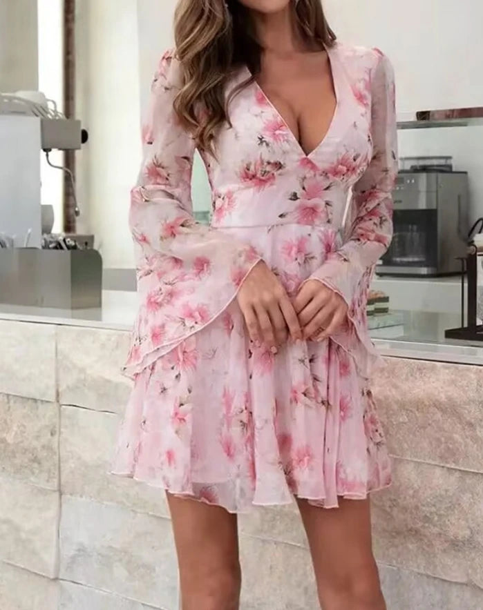 Ladies Mini Skirt 2025 Summer New Tropical Seaside Flower Print Flare Sleeves Fairy Style Dress Vacation Style Long Sleeve Dress