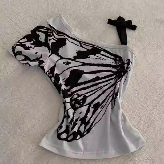2024 Summer Sexy One Shoulder Design Y2k Vintage T-Shirts Women Streetwear 2000s Casual Print Tees Korean Fashion Punk Crop Tops