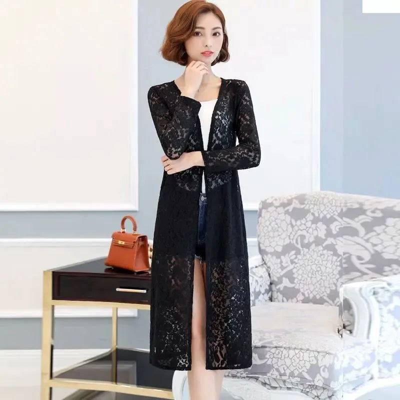 new Summer women's Cardigan long sleeved lace sun protection suit mid length shawl air-conditioned jacket thin outerwear shirts