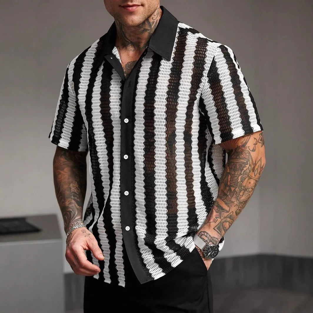 Striped Shirt Men Single Breasted Hollow Out Shirts Short Sleeve Cardigan Shirt Knit Buttons Slim Fit Summer 2025 Spliced