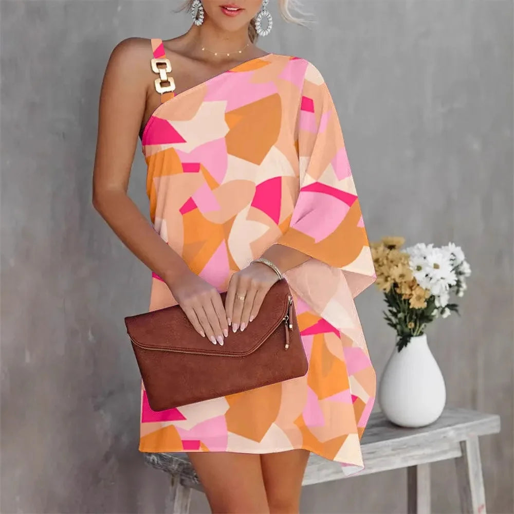Women Print Dress Off Shoulder Mini Dresses Chain Strap Batwing Sleeve Irregular Above Knee Vestidos 2025 Summer Office Lady