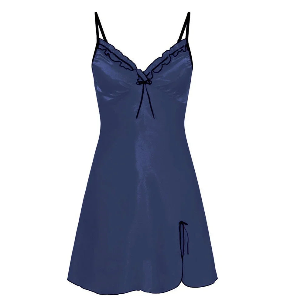 Women Night Dress Satin Soft Dress Smooth Silk Lingerie Sexy Adult A-Line Solid Nightgowns Breath Short Sleepwear Seduction Wear