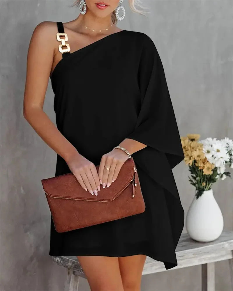 Women Print Dress Off Shoulder Mini Dresses Chain Strap Batwing Sleeve Irregular Above Knee Vestidos 2025 Summer Office Lady