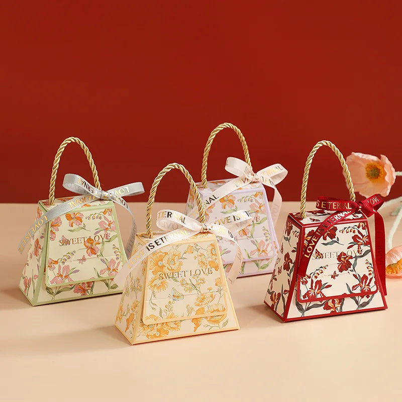 S/L Wedding Candy Box Bow Ribbon Printing Chocolate Cookie Party Supplies Gift Bag Kraft Paper Gift Packaging Box with Handle