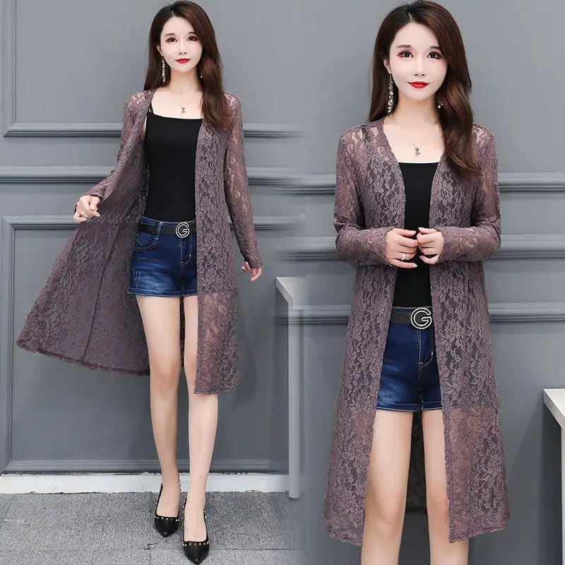 new Summer women's Cardigan long sleeved lace sun protection suit mid length shawl air-conditioned jacket thin outerwear shirts