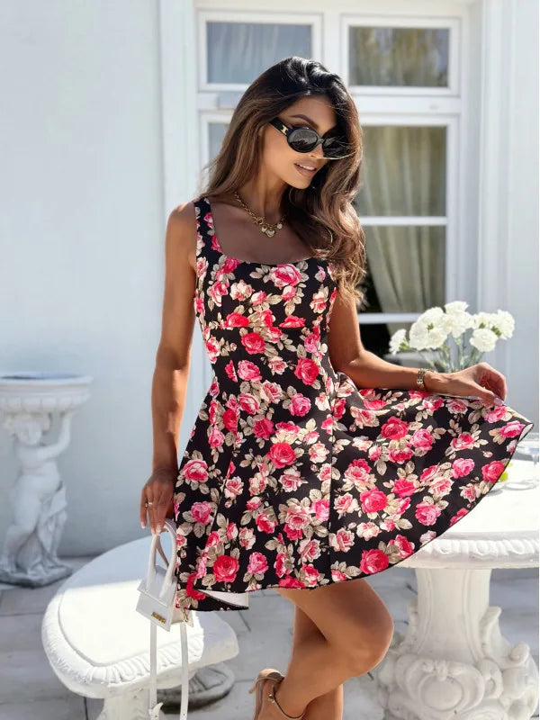 Women Print Dresses Square Neck Backless Bow Mini Dress A Line Slim Fits Sleeveless Vestidos Elegant Party Lady Summer