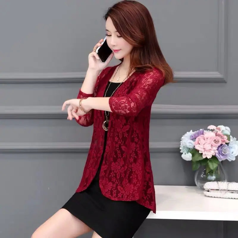 new Summer women's Cardigan long sleeved lace sun protection suit mid length shawl air-conditioned jacket thin outerwear shirts