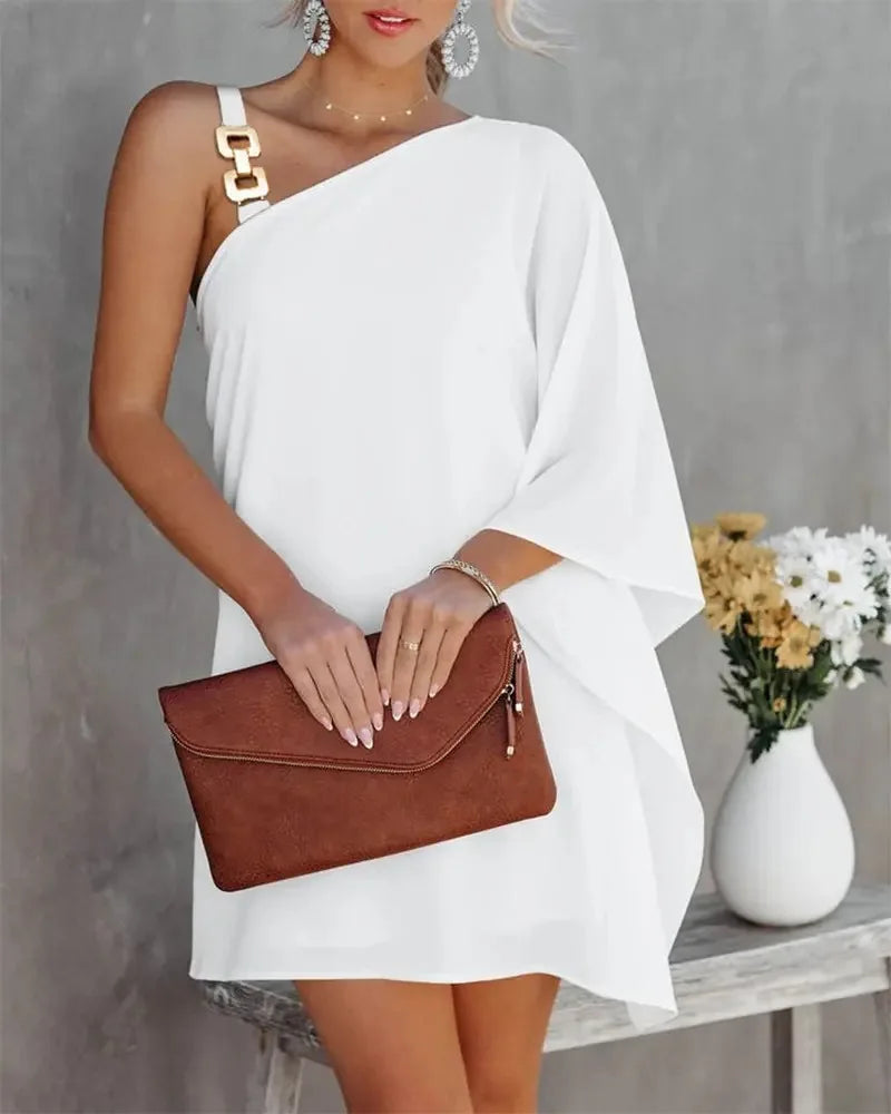 Women Print Dress Off Shoulder Mini Dresses Chain Strap Batwing Sleeve Irregular Above Knee Vestidos 2025 Summer Office Lady