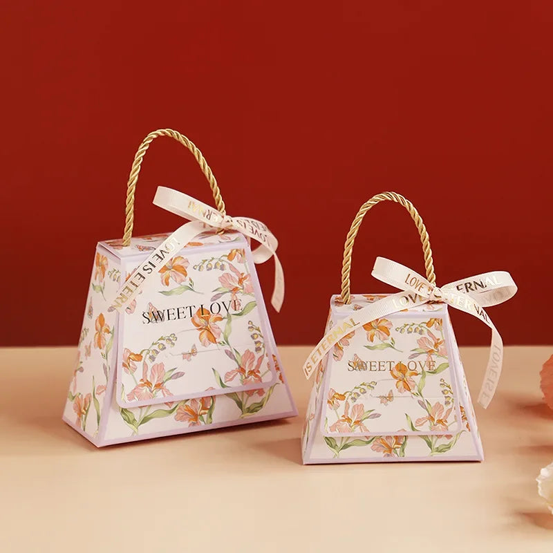 S/L Wedding Candy Box Bow Ribbon Printing Chocolate Cookie Party Supplies Gift Bag Kraft Paper Gift Packaging Box with Handle