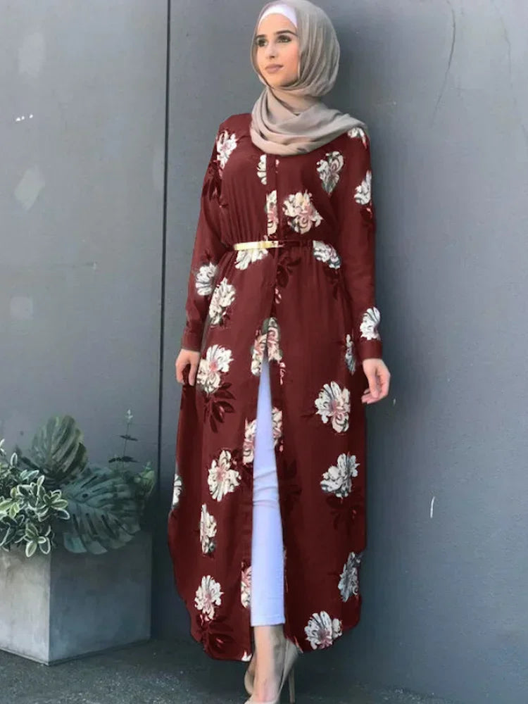 Dubai Eid Muslim Abaya Dress Women New Robes Print Floral Slim Long Sleeve Islamic Eid Casual Long Dress Long Dresses Ramadan