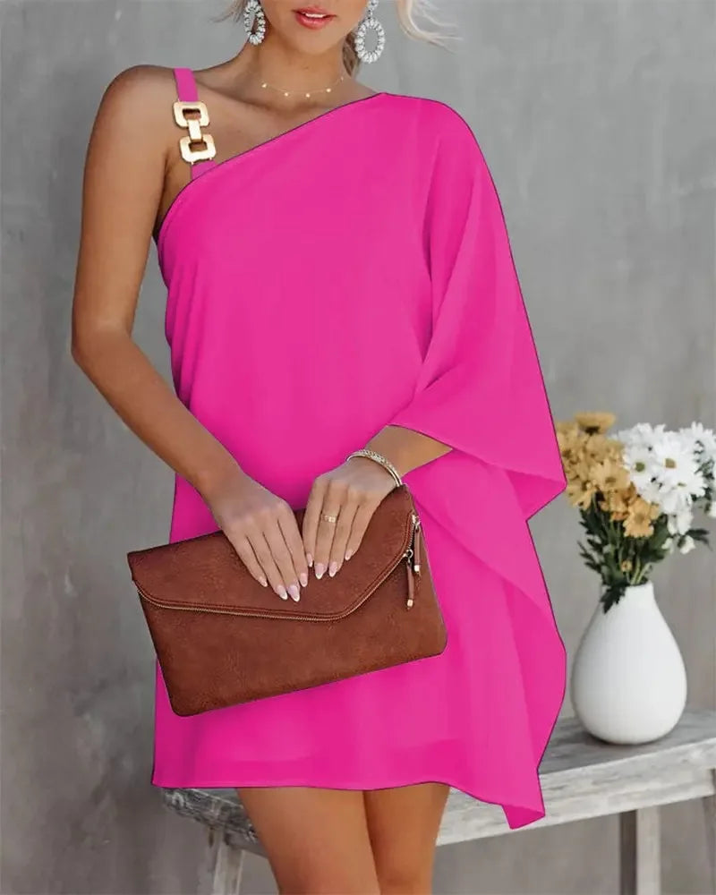 Women Print Dress Off Shoulder Mini Dresses Chain Strap Batwing Sleeve Irregular Above Knee Vestidos 2025 Summer Office Lady
