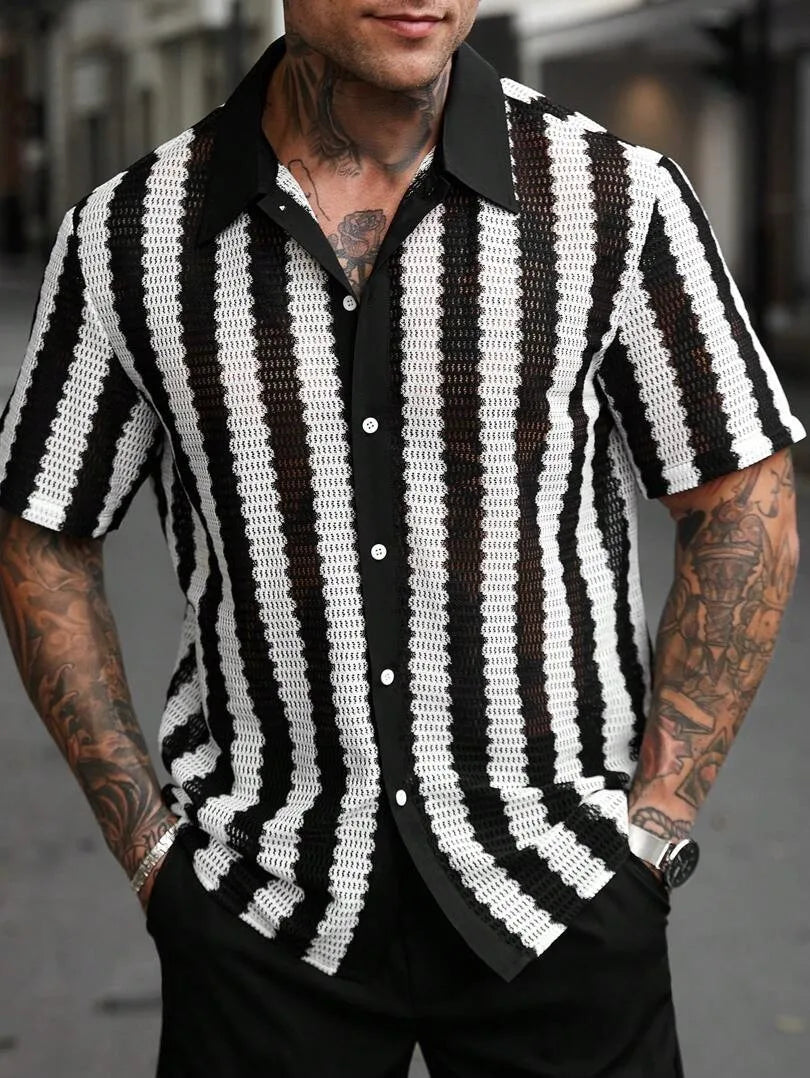 Striped Shirt Men Single Breasted Hollow Out Shirts Short Sleeve Cardigan Shirt Knit Buttons Slim Fit Summer 2025 Spliced