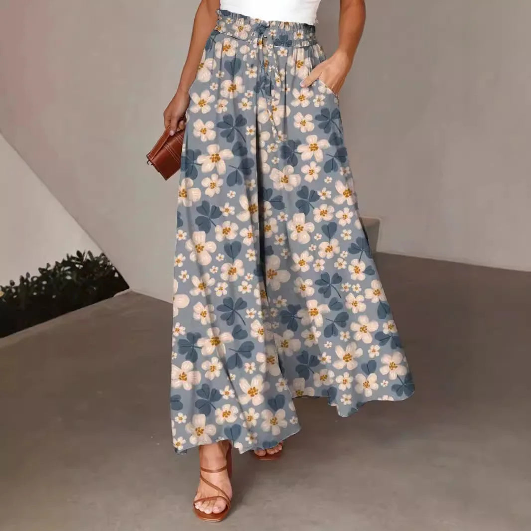 Pant Women Wide Leg Long Pants Print Floral Elastic Waist Straight Trousers Y2k Streetwear Elegant Maxi Capris Loose Summer