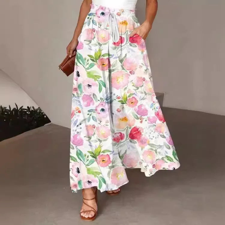 Pant Women Wide Leg Long Pants Print Floral Elastic Waist Straight Trousers Y2k Streetwear Elegant Maxi Capris Loose Summer