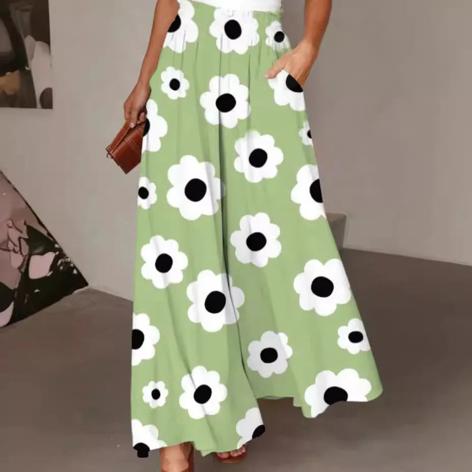 Pant Women Wide Leg Long Pants Print Floral Elastic Waist Straight Trousers Y2k Streetwear Elegant Maxi Capris Loose Summer