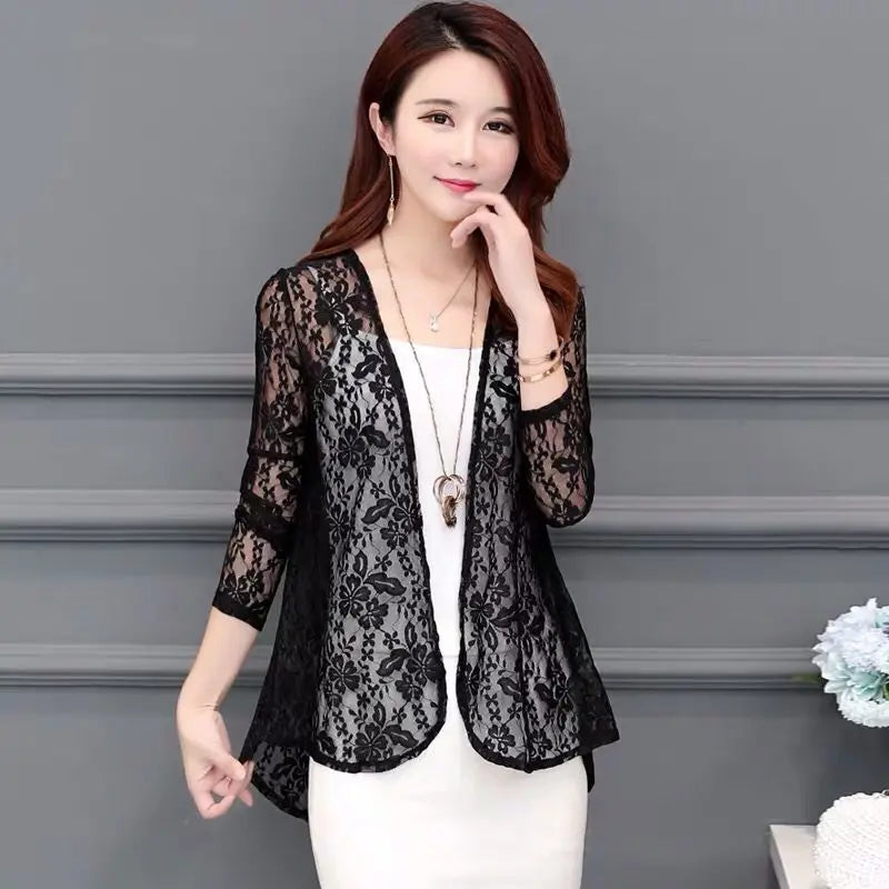new Summer women's Cardigan long sleeved lace sun protection suit mid length shawl air-conditioned jacket thin outerwear shirts