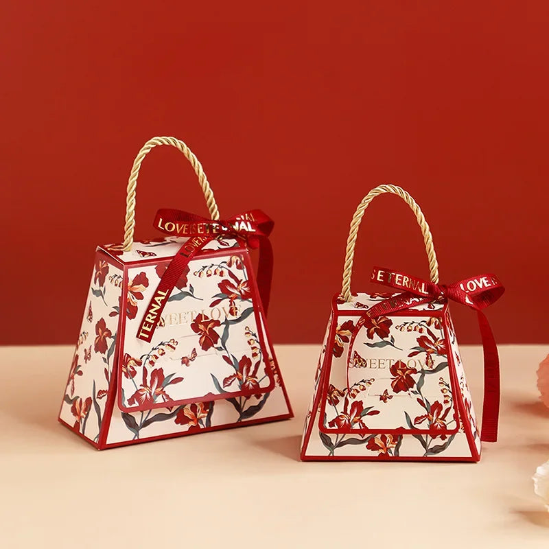 S/L Wedding Candy Box Bow Ribbon Printing Chocolate Cookie Party Supplies Gift Bag Kraft Paper Gift Packaging Box with Handle