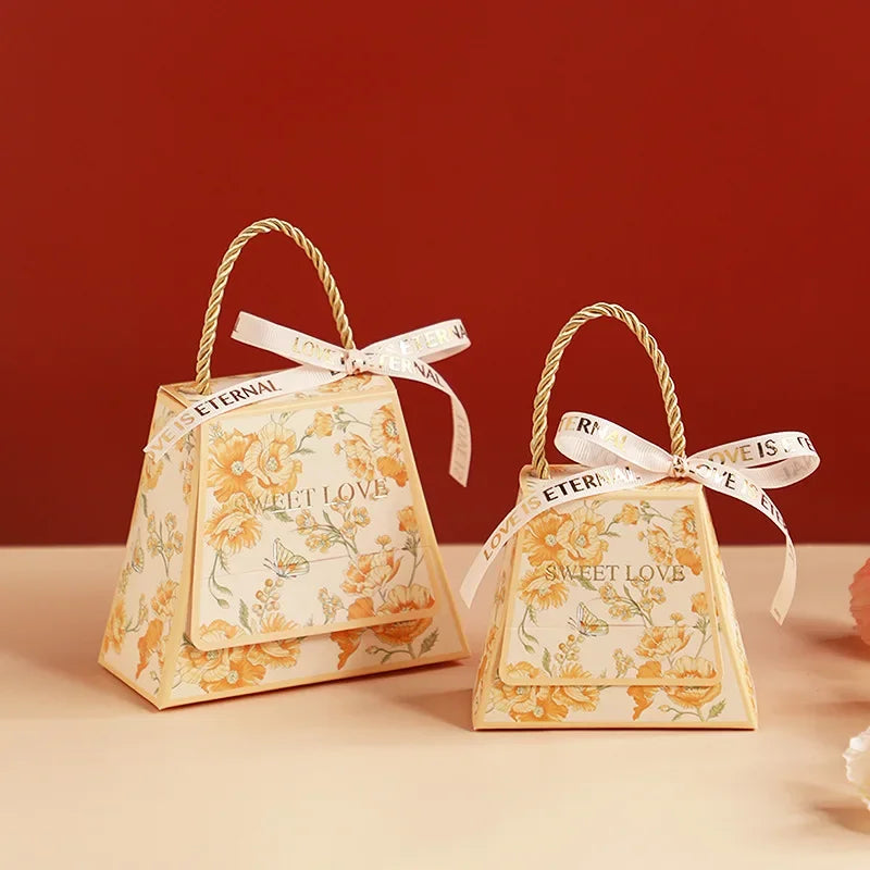 S/L Wedding Candy Box Bow Ribbon Printing Chocolate Cookie Party Supplies Gift Bag Kraft Paper Gift Packaging Box with Handle