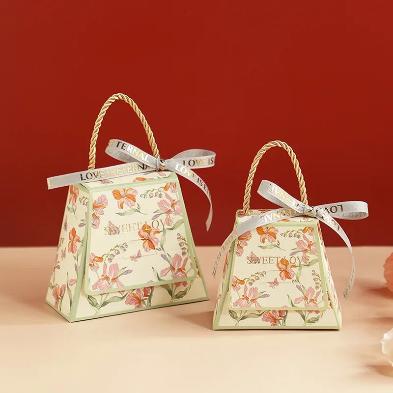 S/L Wedding Candy Box Bow Ribbon Printing Chocolate Cookie Party Supplies Gift Bag Kraft Paper Gift Packaging Box with Handle