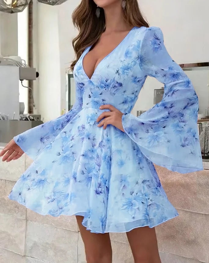 Ladies Mini Skirt 2025 Summer New Tropical Seaside Flower Print Flare Sleeves Fairy Style Dress Vacation Style Long Sleeve Dress