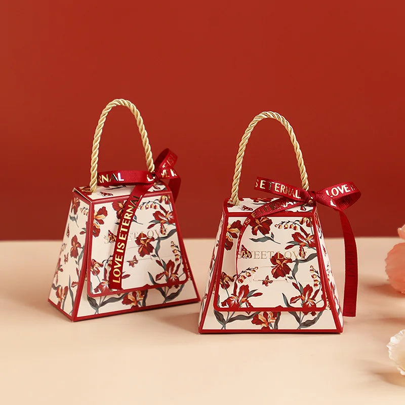S/L Wedding Candy Box Bow Ribbon Printing Chocolate Cookie Party Supplies Gift Bag Kraft Paper Gift Packaging Box with Handle
