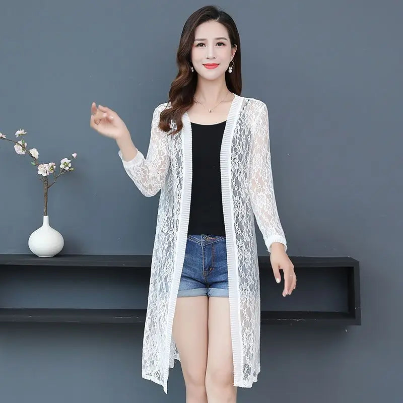 new Summer women's Cardigan long sleeved lace sun protection suit mid length shawl air-conditioned jacket thin outerwear shirts