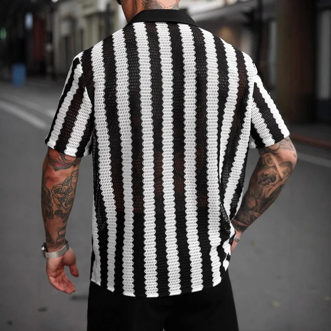 Striped Shirt Men Single Breasted Hollow Out Shirts Short Sleeve Cardigan Shirt Knit Buttons Slim Fit Summer 2025 Spliced