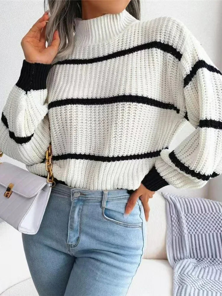 Women Striped Sweaters Half High Collar Splice Full Sleeve Top Pullovers Knit Lantern Sleeve Casual Office Lady Winter 2024