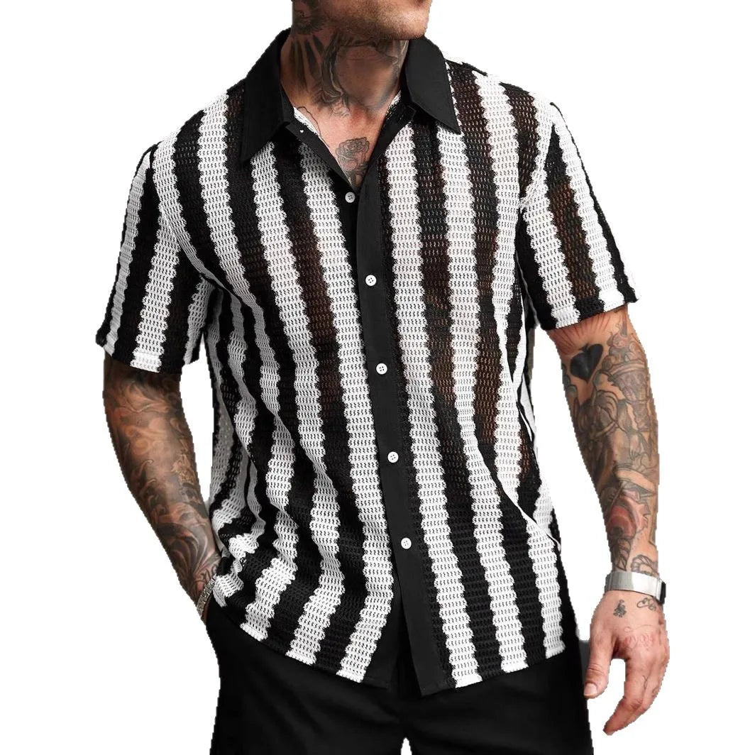 Striped Shirt Men Single Breasted Hollow Out Shirts Short Sleeve Cardigan Shirt Knit Buttons Slim Fit Summer 2025 Spliced