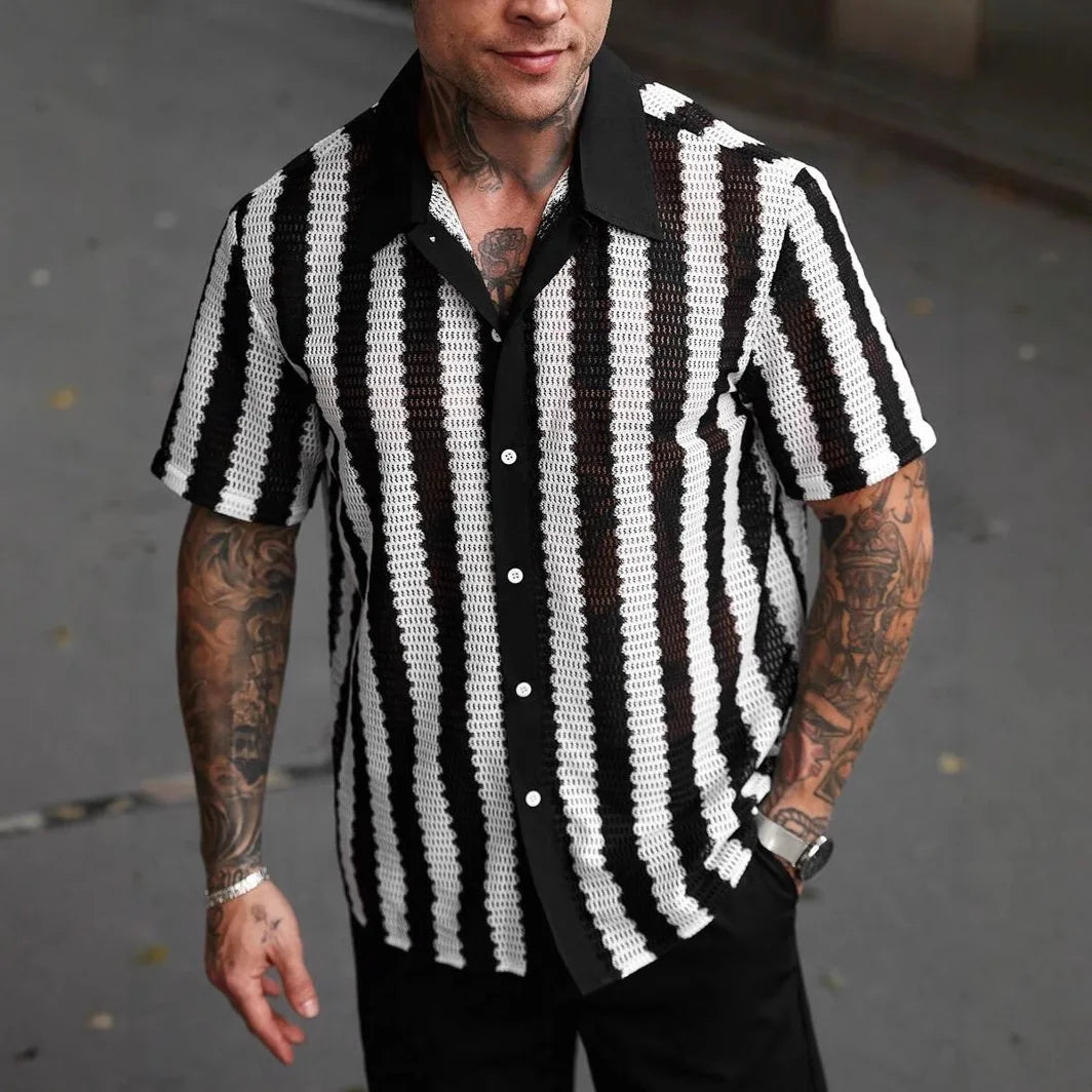 Striped Shirt Men Single Breasted Hollow Out Shirts Short Sleeve Cardigan Shirt Knit Buttons Slim Fit Summer 2025 Spliced