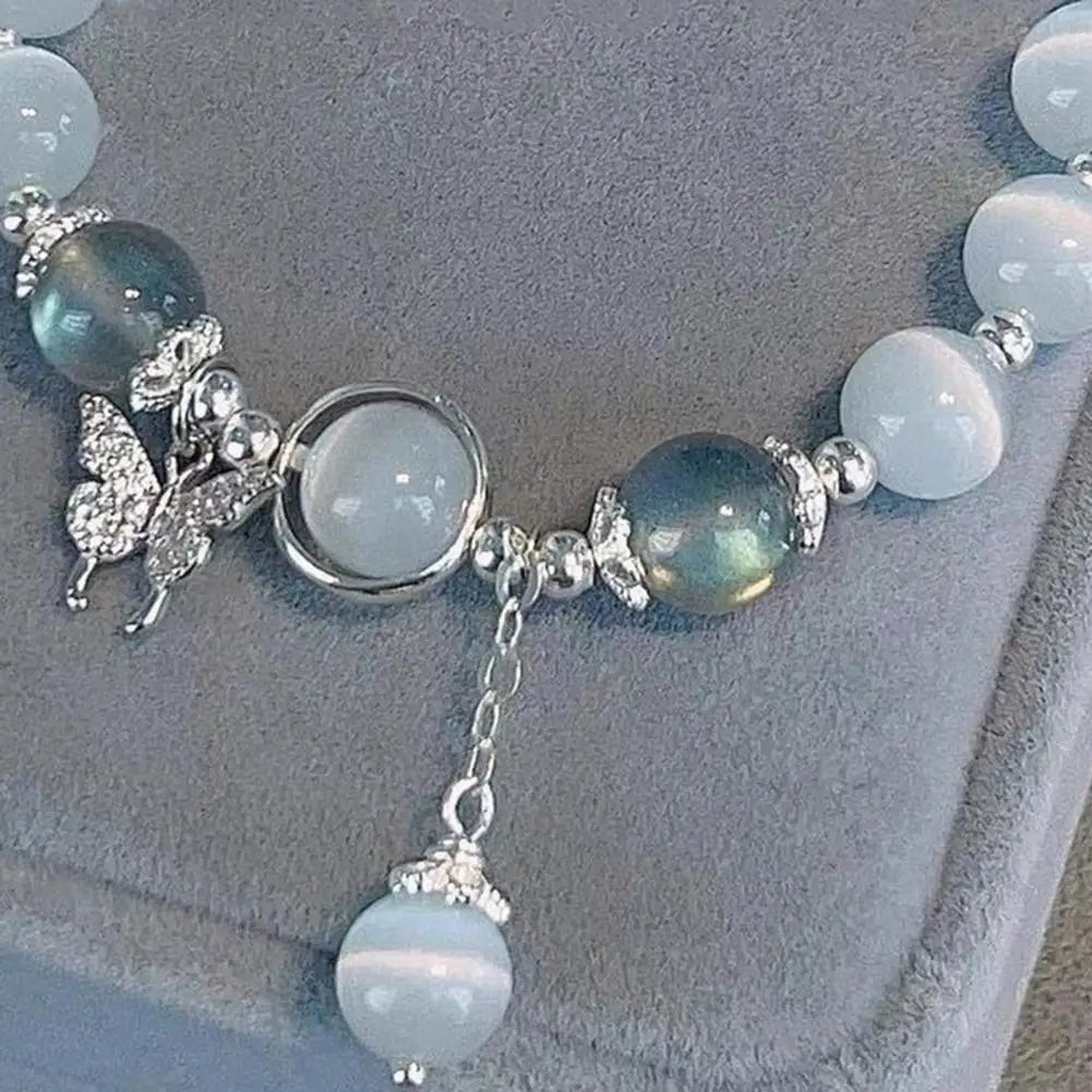 Women Bracelet Imitation Opal Butterfly Pendant Smooth Elastic Band Lady Birthday Gift Exquisite Wrist Bracelet Jewelry