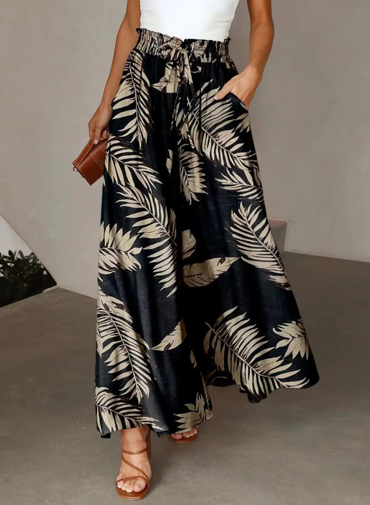 Pant Women Wide Leg Long Pants Print Floral Elastic Waist Straight Trousers Y2k Streetwear Elegant Maxi Capris Loose Summer