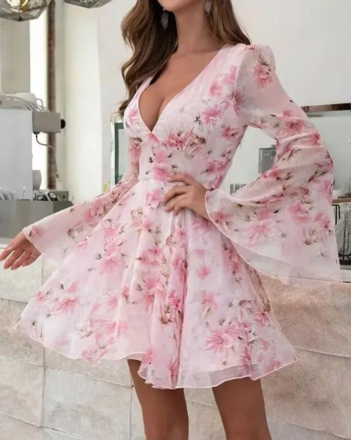 Ladies Mini Skirt 2025 Summer New Tropical Seaside Flower Print Flare Sleeves Fairy Style Dress Vacation Style Long Sleeve Dress
