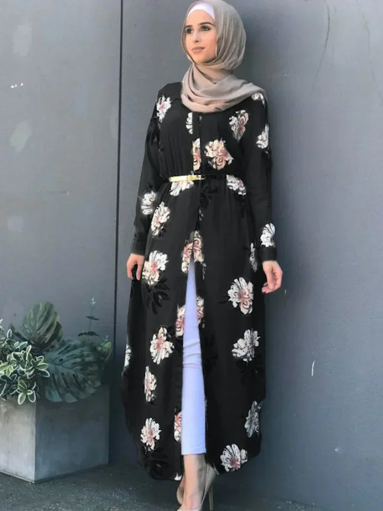Dubai Eid Muslim Abaya Dress Women New Robes Print Floral Slim Long Sleeve Islamic Eid Casual Long Dress Long Dresses Ramadan