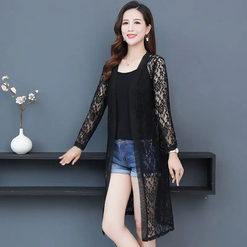 new Summer women's Cardigan long sleeved lace sun protection suit mid length shawl air-conditioned jacket thin outerwear shirts
