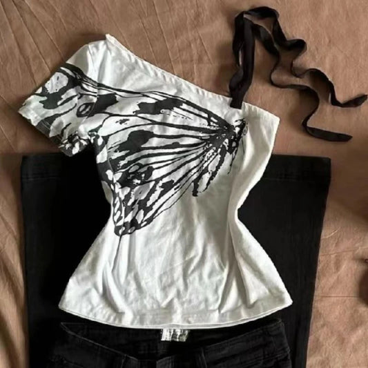 2024 Summer Sexy One Shoulder Design Y2k Vintage T-Shirts Women Streetwear 2000s Casual Print Tees Korean Fashion Punk Crop Tops