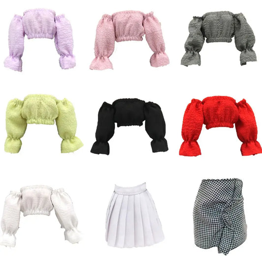 30CM Doll Clothes Fashion Puff Sleeve Tops Short T-shirt Plaid Pleated Skirt For 1/6 Bjd Dolls Accessories Dress Up Doll Gift
