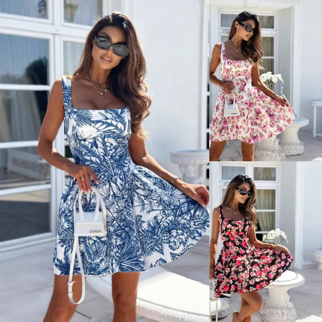 Women Print Dresses Square Neck Backless Bow Mini Dress A Line Slim Fits Sleeveless Vestidos Elegant Party Lady Summer