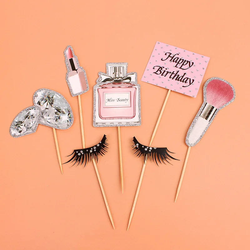 Cake Toppers Perfume Lipstick Makeup brush DIY Cupcake Topper Women Cake Flags Kids Girl Happy Birthday Bride Party Baking Decor
