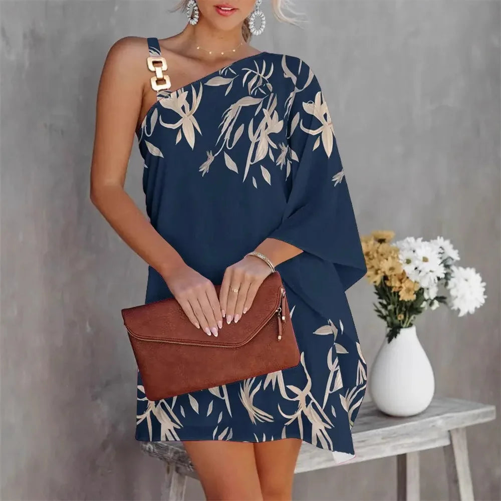 Women Print Dress Off Shoulder Mini Dresses Chain Strap Batwing Sleeve Irregular Above Knee Vestidos 2025 Summer Office Lady