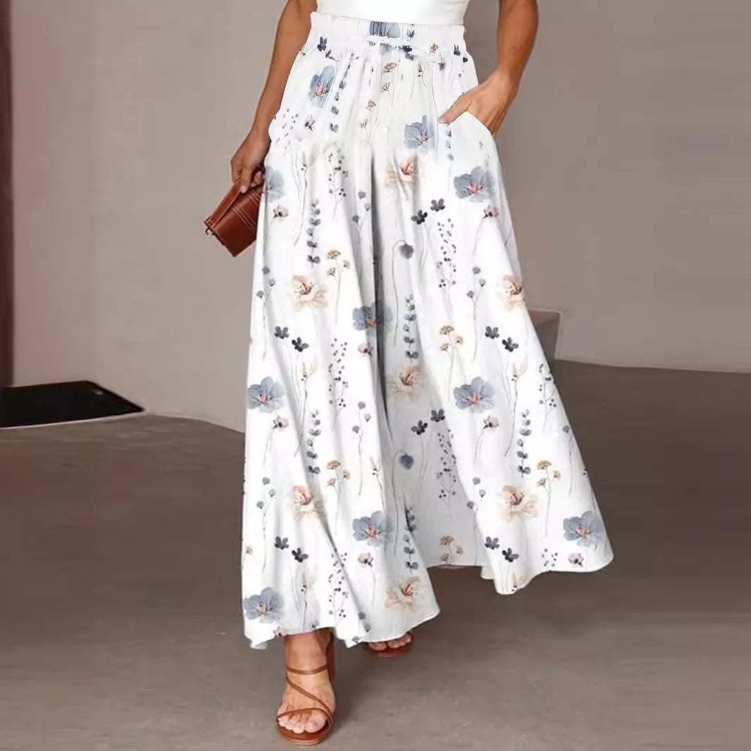 Pant Women Wide Leg Long Pants Print Floral Elastic Waist Straight Trousers Y2k Streetwear Elegant Maxi Capris Loose Summer